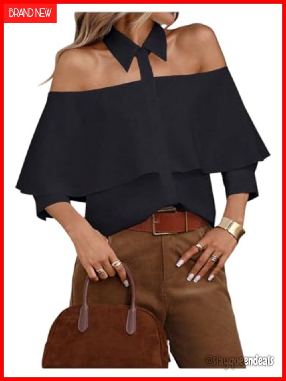 Off Shoulder Button Down Blouse Ruffle Sleeve Collared Top